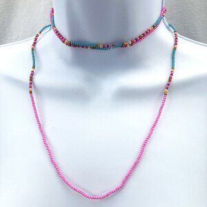 2 Bright Pink, Turquoise, and Orange Seed Bead Necklaces/Chokers/Bracelets